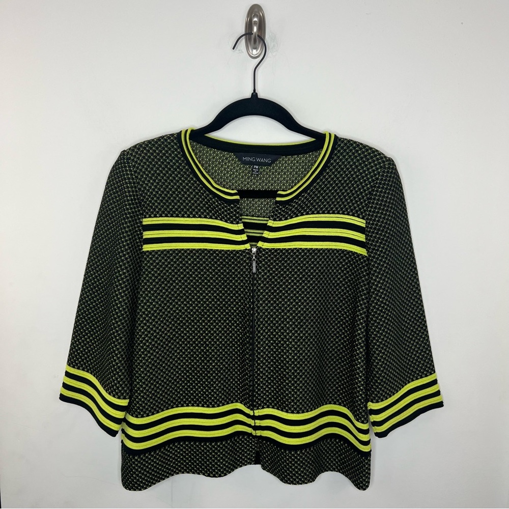 Ming Wang Neon Lime Green and Black Textured Knit 3/4 Sleeve Zip Front Jacket MP